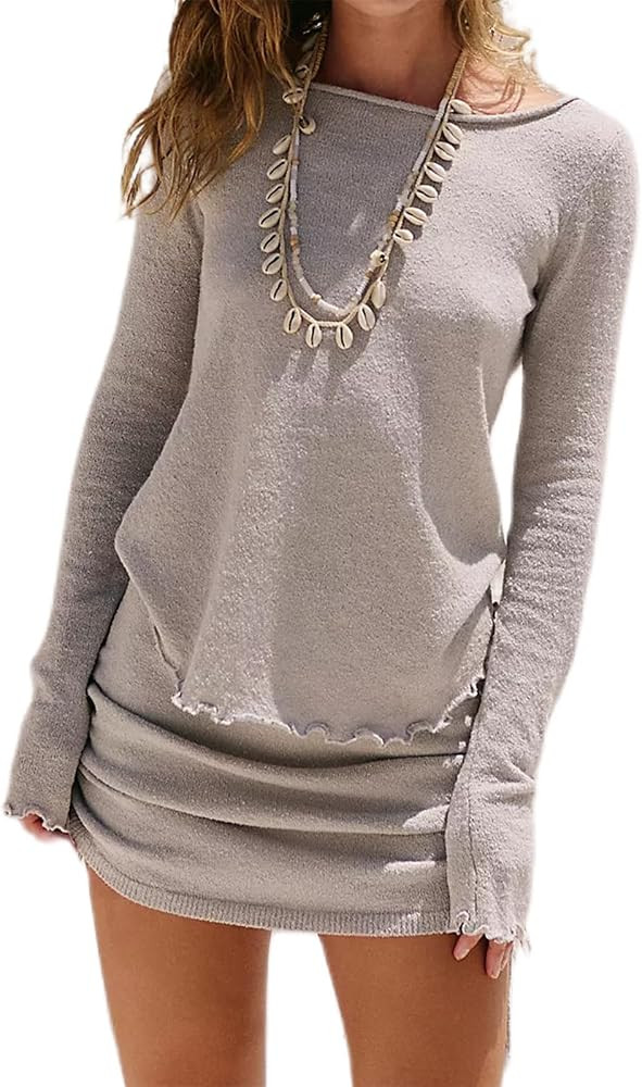 Women's 2 Piece Outfits Sweater Set Long Sleeve Knit Lettuce Hem Tops and Sides Cinch Tie Mini Sk... | Amazon (US)