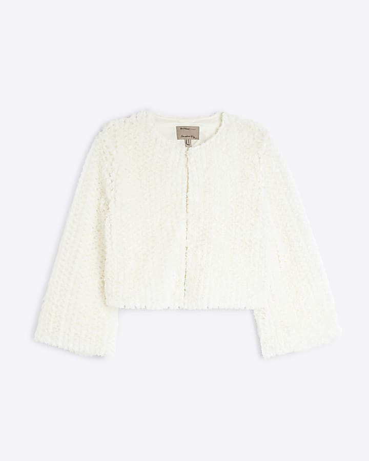 White Textured Short Occasion Jacket | River Island UK & IE