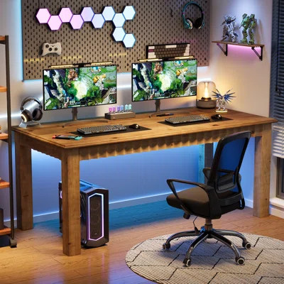 63-Inch Solid Wood Computer Desk, Large Home Office Desk with Sturdy Wooden Legs, Rustic Computer Office Table for Writing, Reading, Study, Brown | Wayfair North America