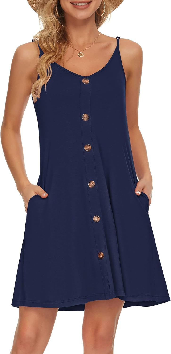 WNEEDU Women's Summer Spaghetti Strap Button Down V Neck Casual Beach Cover Up Dress with Pockets | Amazon (US)