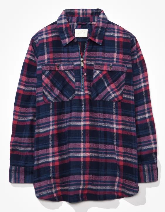 AE Oversized Quarter Zip Flannel Shirt | American Eagle Outfitters (US & CA)