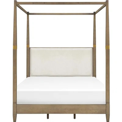 Queen Canopy Bed - Brown Wood Finish Solid And Plywood Upholstered Headboard Metal Veneer Side Rail Foot Board Slat Foundation Elegant Frame | Wayfair North America