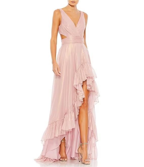 Surplice V-Neck Sleeveless Cut-Out Tie Back Detail Ruffle High-Low Gown | Dillard's