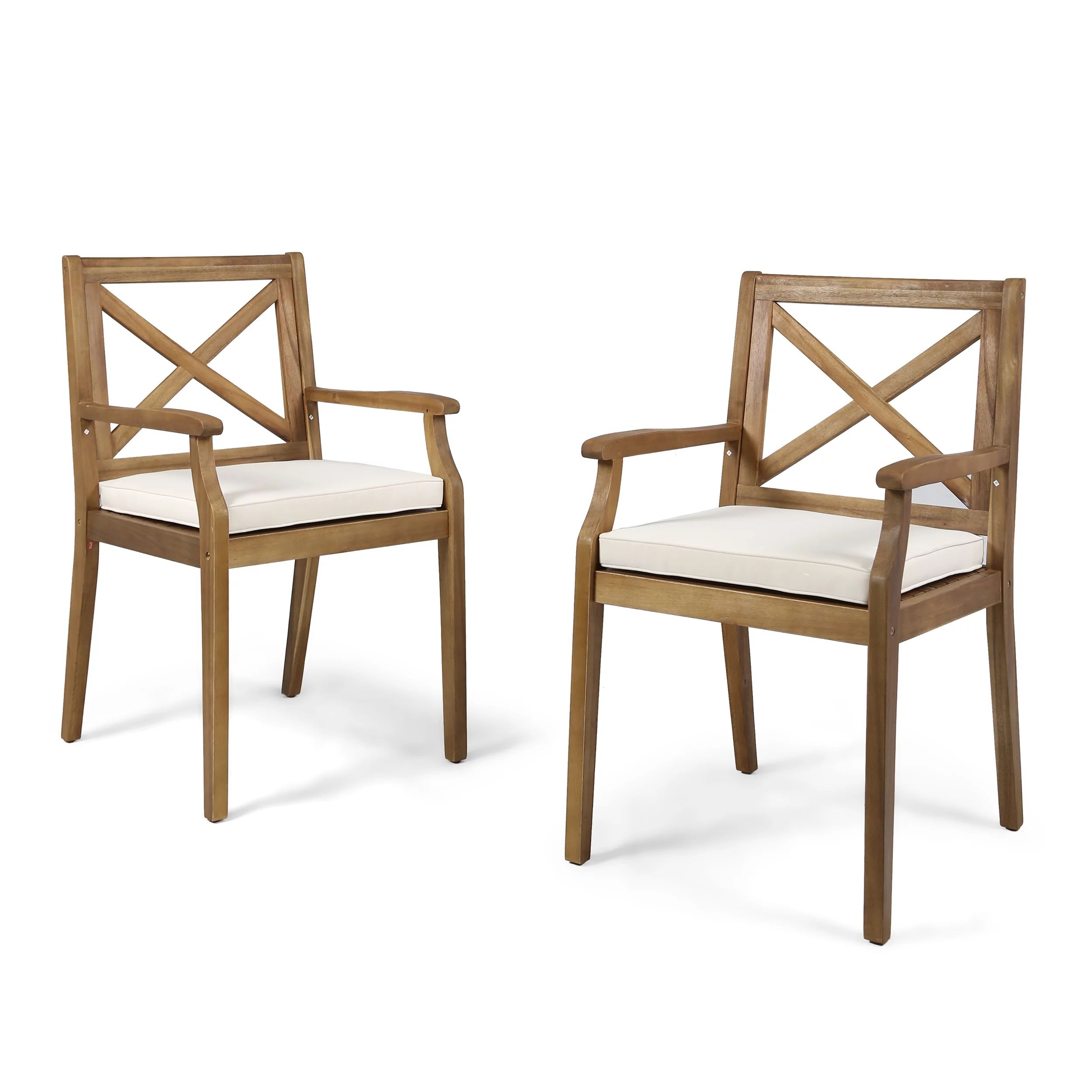 Peter Outdoor Acacia Wood Dining Chair, Set of 2, Teak with Cream Cushions | Walmart (US)