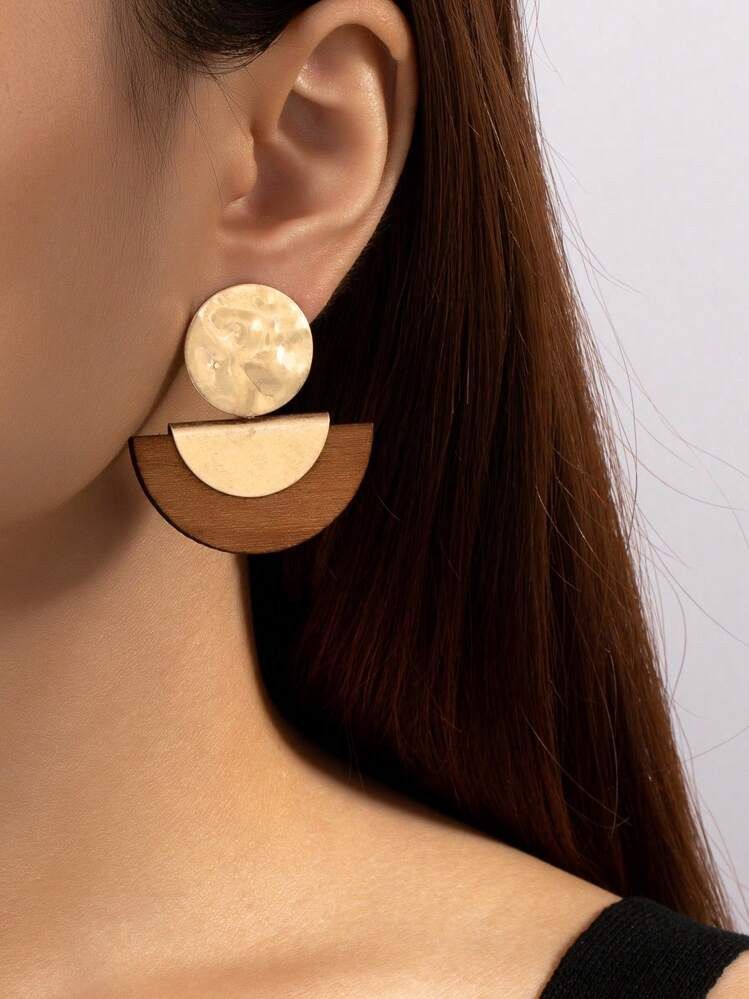 1 Pair Bohemian Women Retro Elegant Hammered Metal Round & Semi-Circle Wood Earrings, Fashionable Accessories For Spring/Summer And All Year Round | SHEIN