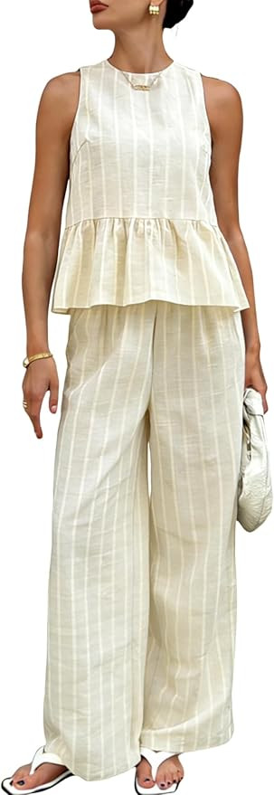 Yeokou Women 2 Piece Outfits Casual Striped Sleeveless Tank Tops High Waist Wide Leg Pants Lounge... | Amazon (US)