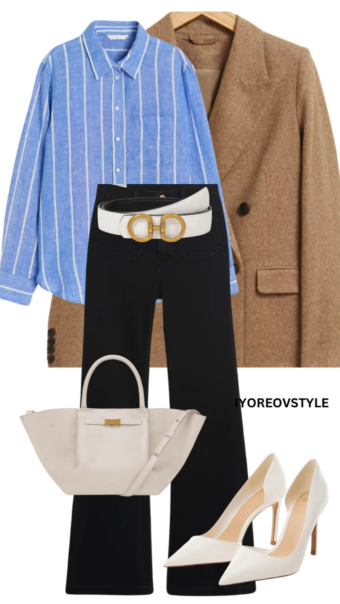 Same flare jeans and wool blazer styled three ways for spring work wear outfit inspiration. 

Spring, outfit inspiration , how to style. What to wear. Outfit post. Outfit inspiration. Blue striped shirt. Demellier bag. OOTD. Outfit idea. Work fashion  