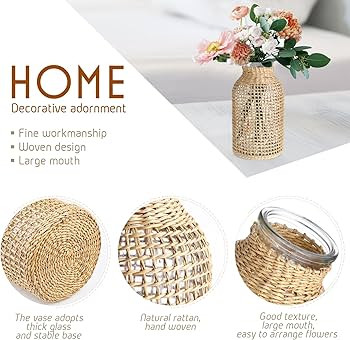DOITOOL Boho Glass Flower Vase with Rattan Cover, Farmhouse Flower Bud Vase, Round Decorative Flo... | Amazon (US)