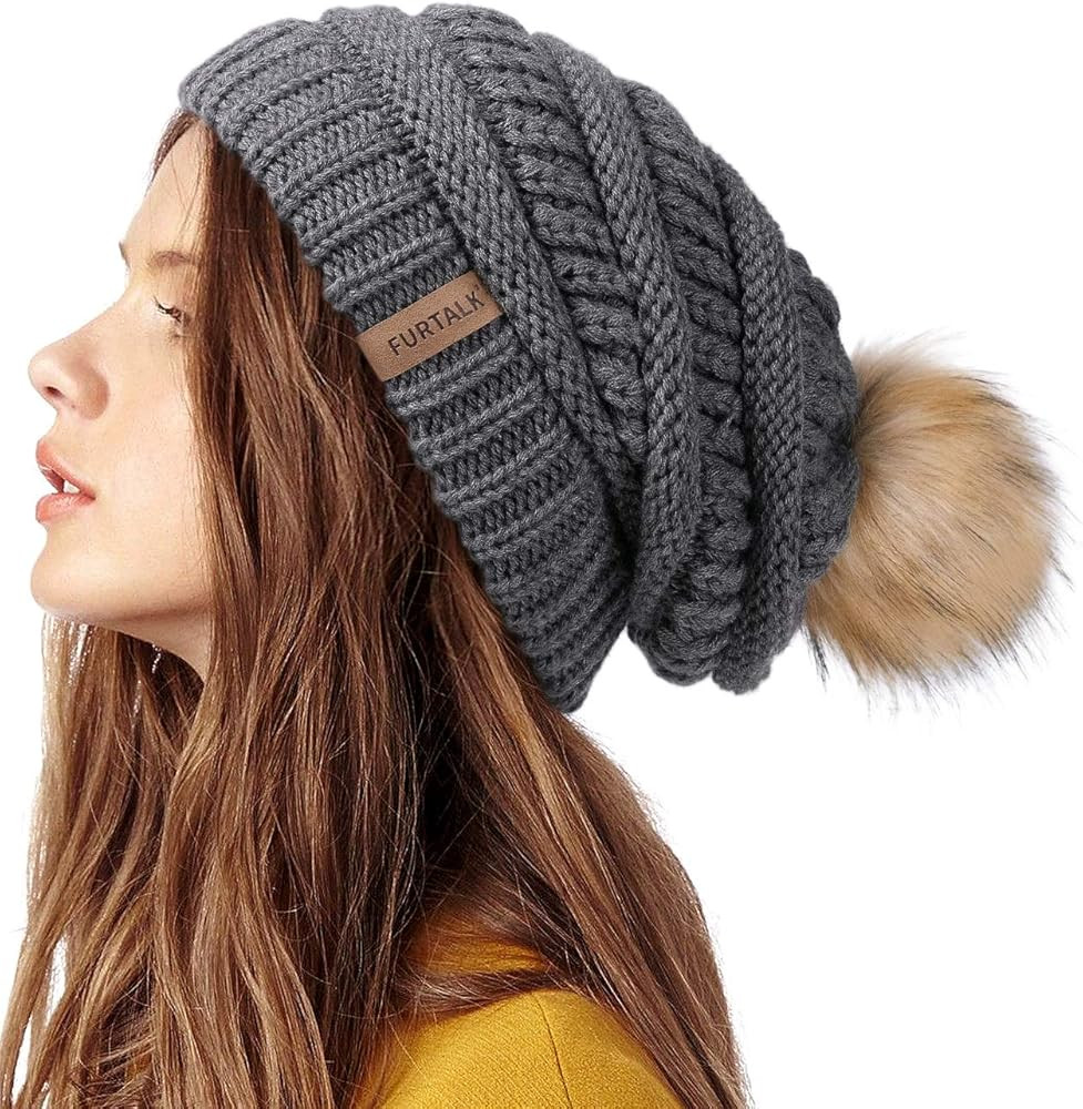 FURTALK Womens Winter Knit Slouchy Beanie Hat Warm Skull Ski Cap Faux Fur Pom Pom Hats for Women ... | Amazon (US)