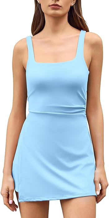 QINSEN Women's Tennis Dress Square Neck Low Back Cutout Workout Dress Built in Shorts Side Slit G... | Amazon (US)