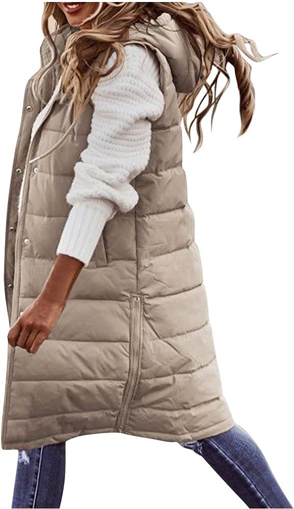 Xiloccer Womens Long Puffer Vest Women's Down Coats & Jackets Winter Coats Sleeveless Warm Zip Up... | Amazon (US)