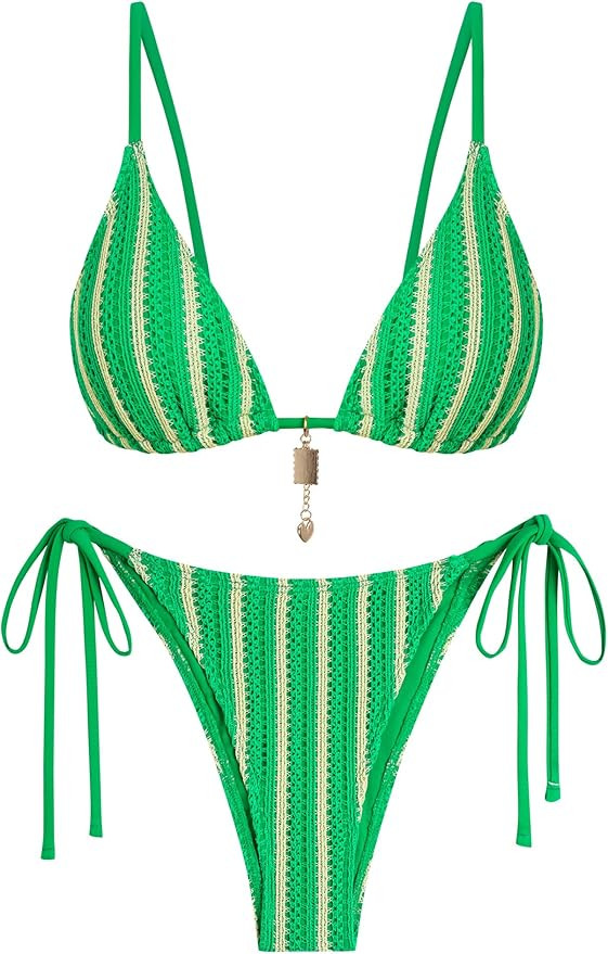 ZAFUL Crochet Bikini Sets for Women Cheeky Boho Bathing Suits Striped Brazilian High Cut Thong Bi... | Amazon (US)