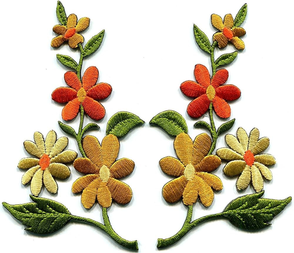 Orange Gold Wild Flowers Pair Floral Boho Embroidered Appliques Iron-on Patches. Measures 2.75 in... | Amazon (US)