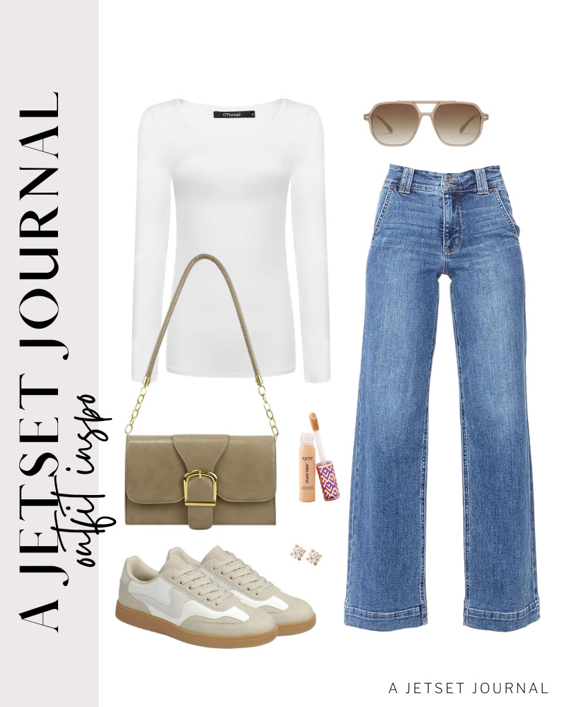 OThread & Co. has a long-sleeve T-shirt that looks perfect with wide-leg straight jeans. The SOJOS sunnies and shoulder bags’ colors complement the outfit, giving it a chic vibe. 

 #LTKSeasonal #LTKSaleAlert #LTKTravel