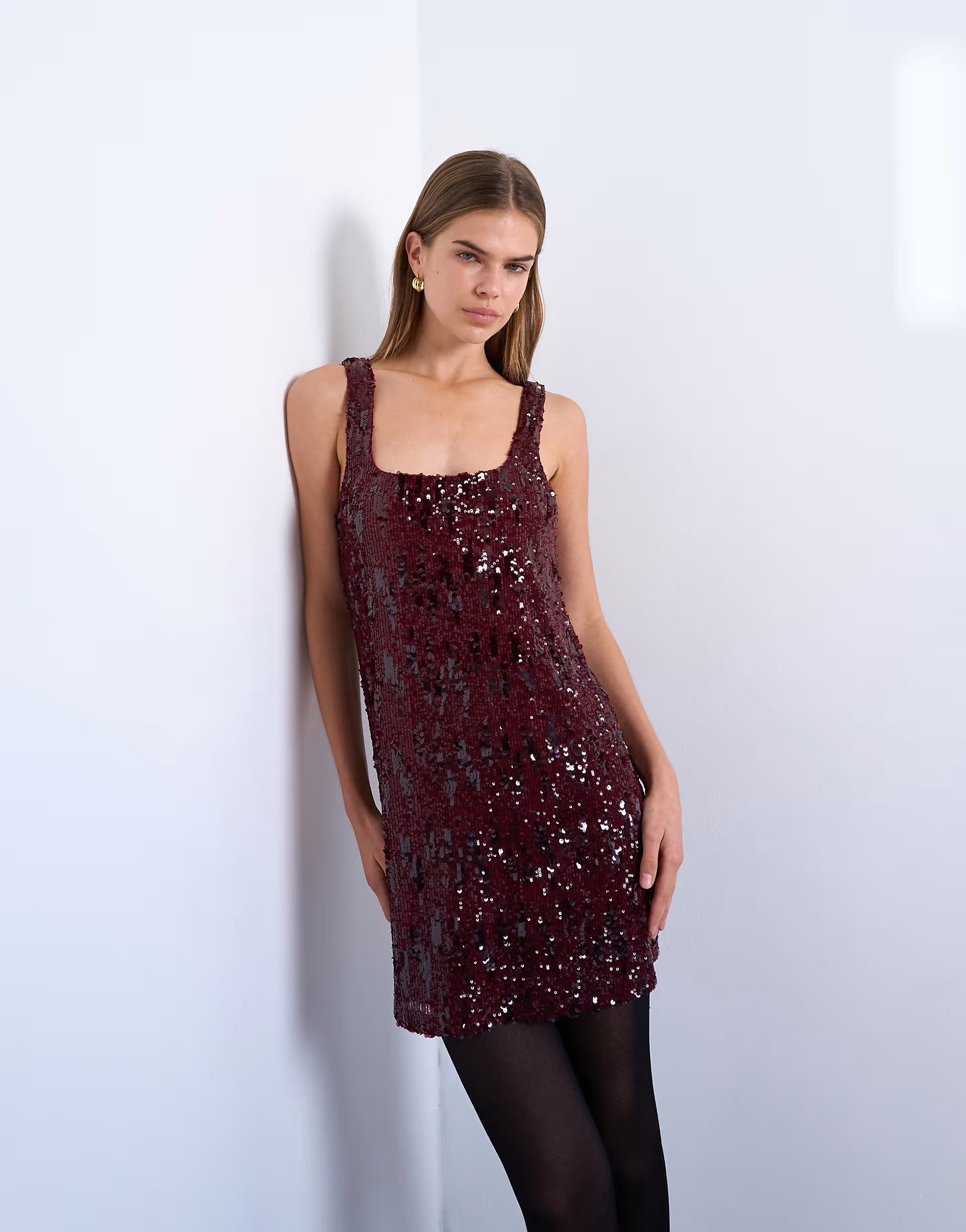 Sequin scoop neck mini dress in burgundy | Topshop