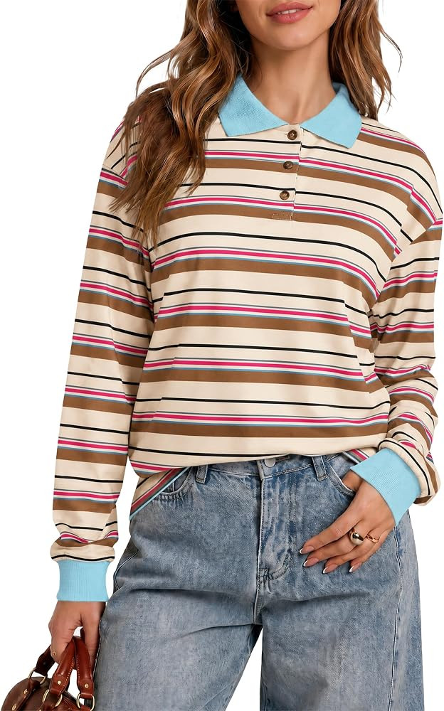 Tankaneo Womens Striped Long Sleeve Polo Shirts Casual Oversized Tops | Amazon (US)