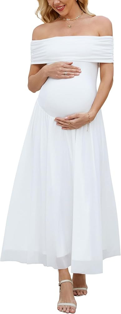 OUGES Women's 2025 Off The Shoulder Mesh Maxi Maternity Dress for Photoshoot Baby Shower Sleevele... | Amazon (US)