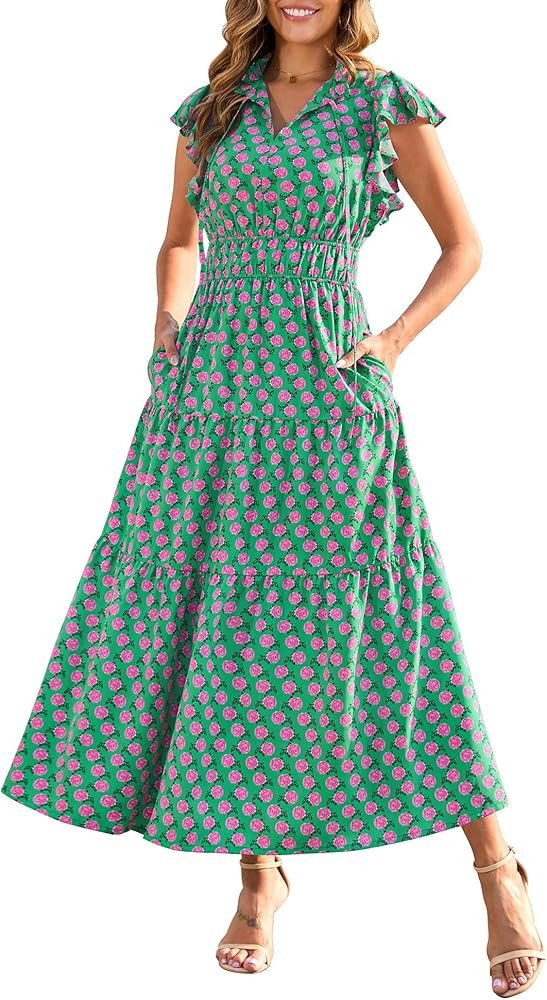 Kranda Women 2026 Summer Self-tie V Neck High Waist Ruffle Cap Sleeve Casual Long Boho Floral Tie... | Amazon (US)