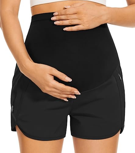 PACBREEZE Women's Maternity Shorts Over Belly Quick Dry Workout Athletic Running Shorts with Zipper Pockets (Black, Medium) | Amazon (US)