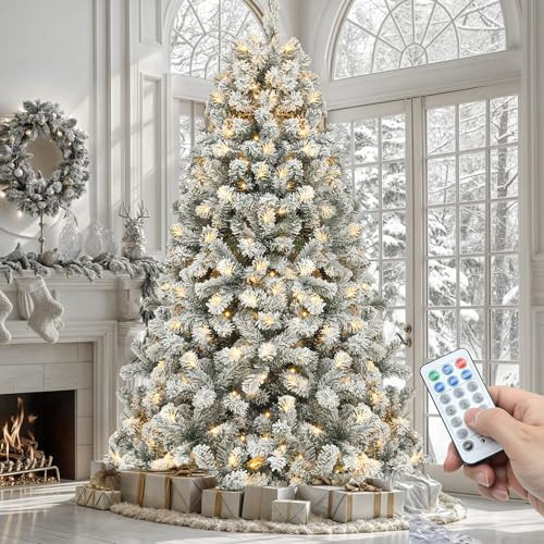 YITAHOME Prelit Snow Flocked Artificial Full Christmas Tree 9ft with Remote Control, Christmas Pine Tree with 11 Light-Modes, 2094 Branch Tips, and Foldable Base for Home, Party Decoration | Amazon (US)