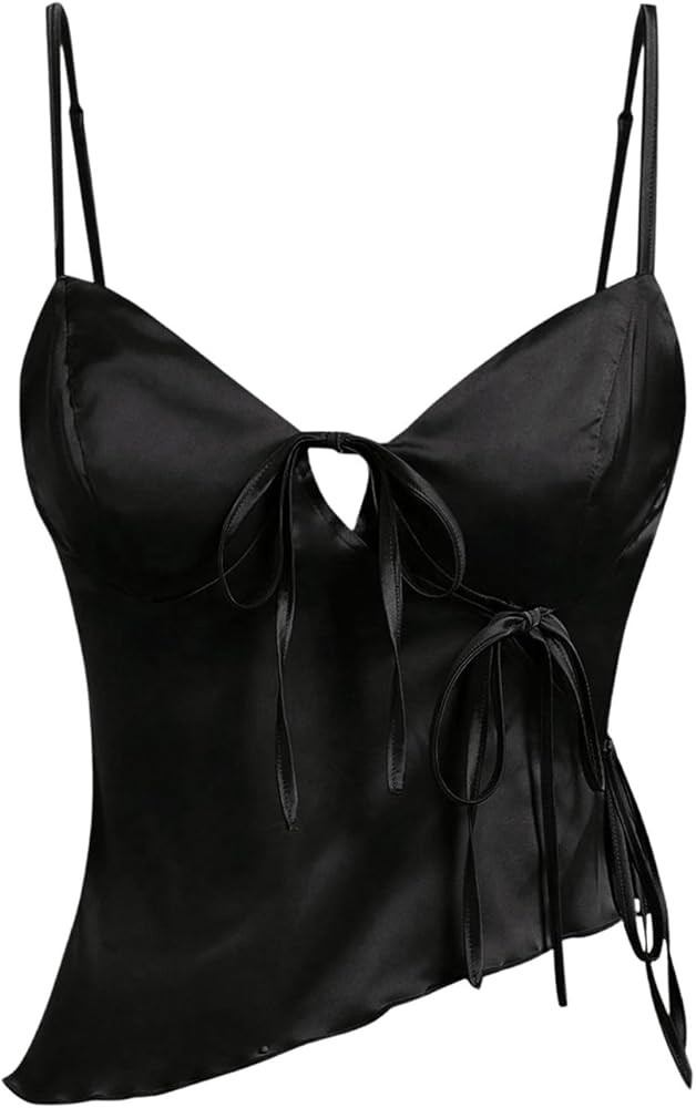 Milumia Women's Bow Tie Front Tank Top Spaghetti Strap Sweetheart Asymmetrical Hem Cami Shirt | Amazon (US)