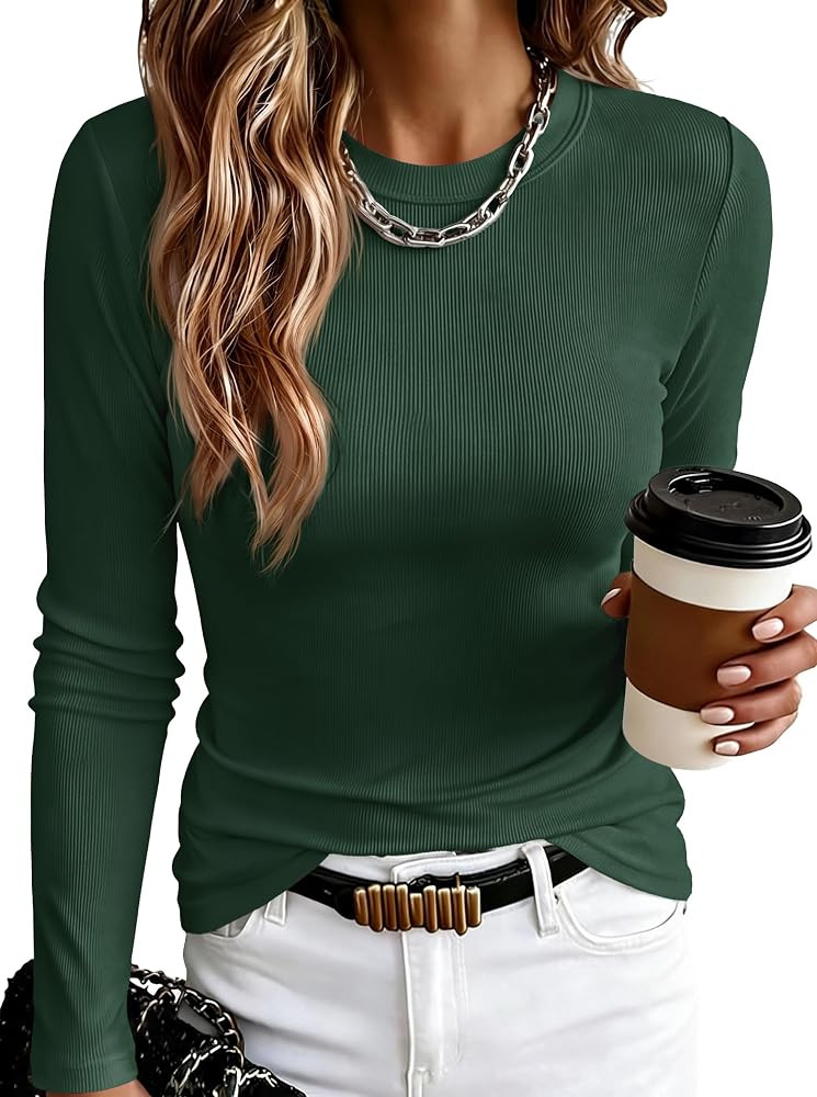 ANDMO Womens Long Sleeve Shirts Tops Ribbed Tight Fit Shirt Going Out Top | Amazon (US)