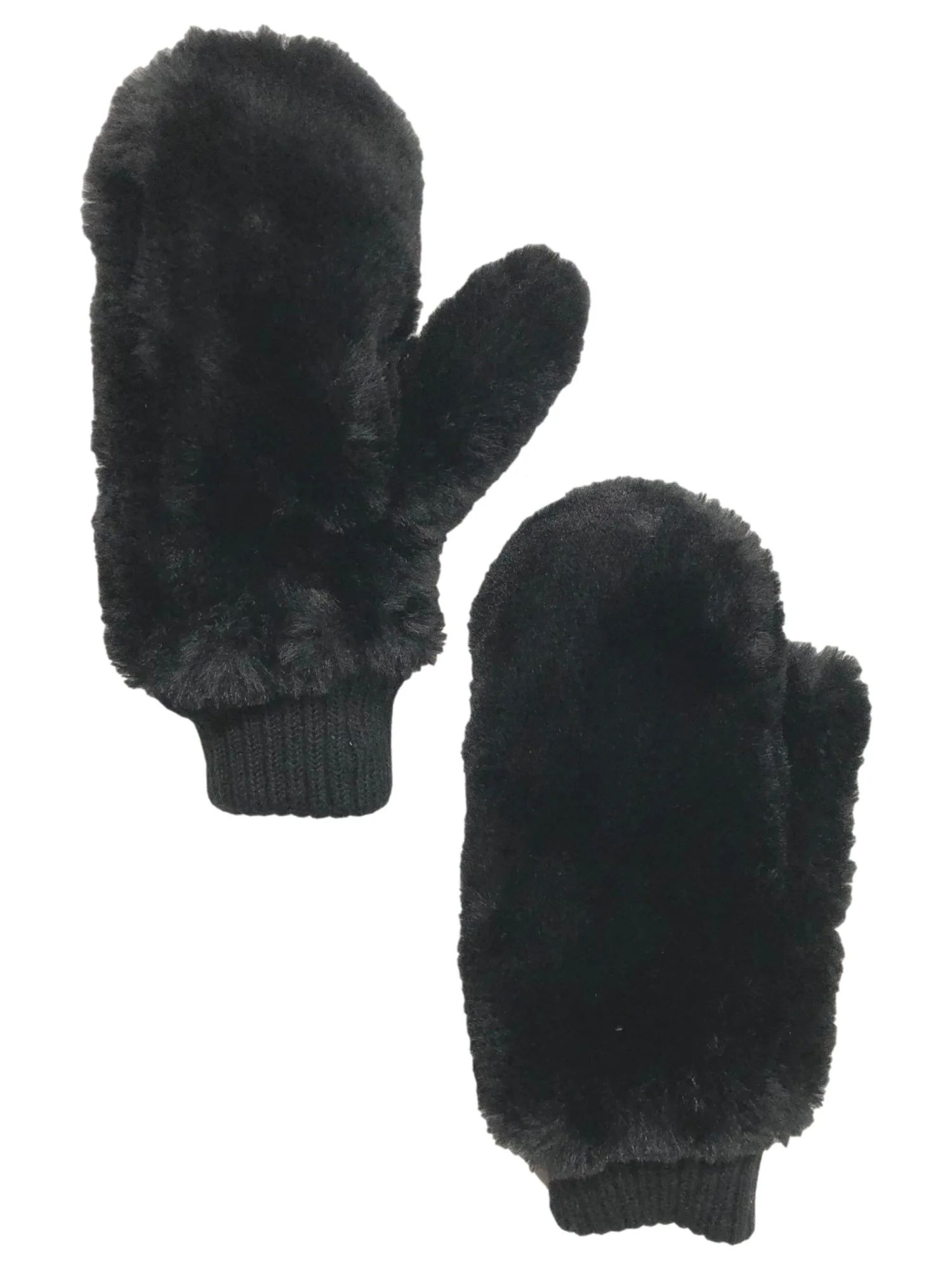 Womens Fuzzy Plush Black Faux Fur Mittens - Walmart.com | Walmart (US)