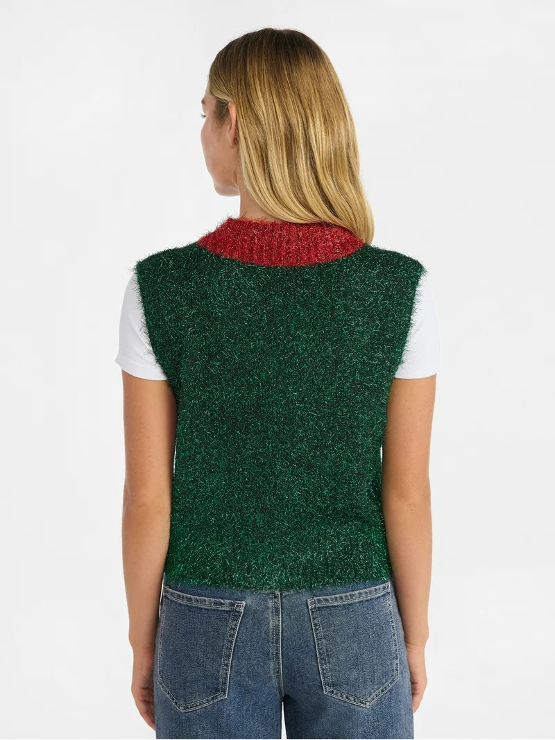 No Boundaries V-Neck Button Front Christmas Vest, Women’s | Walmart (US)