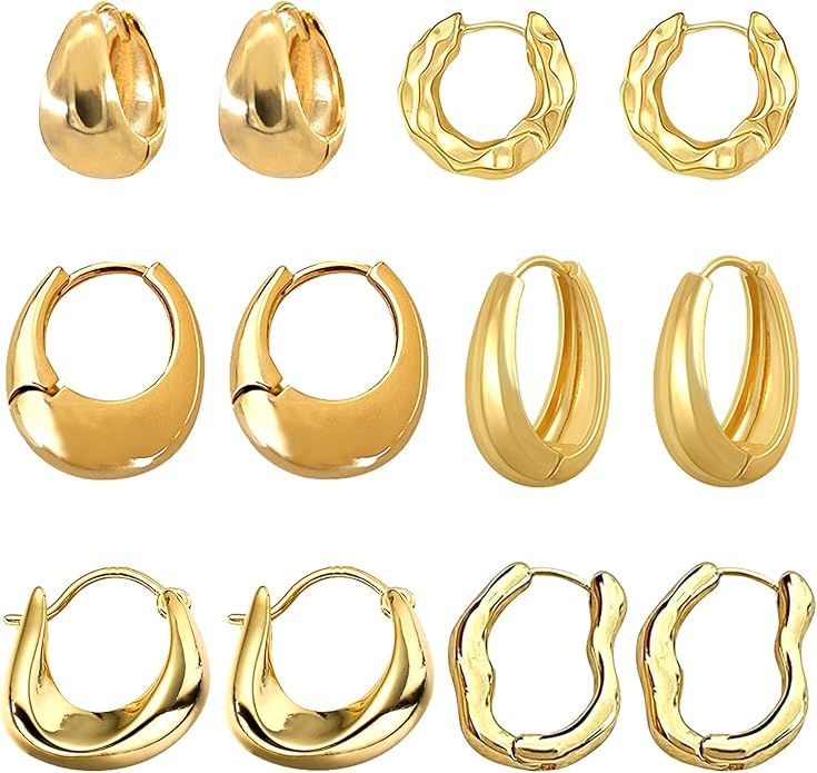 6 Pairs Gold Hoop Earrings Set for Women, 14K Gold Plated Huggie Chunky Earring Variety Pack, Hyp... | Amazon (US)