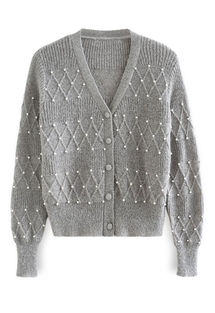 Diamond Texture Pearl Decor Knit Cardigan in Grey | Chicwish
