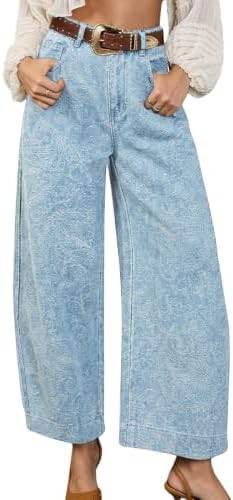 chouyatou Women's Y2K Baggy Barrel Jeans Floral Print Wide Leg Denim Ankle Pants Boyfriend High W... | Amazon (US)