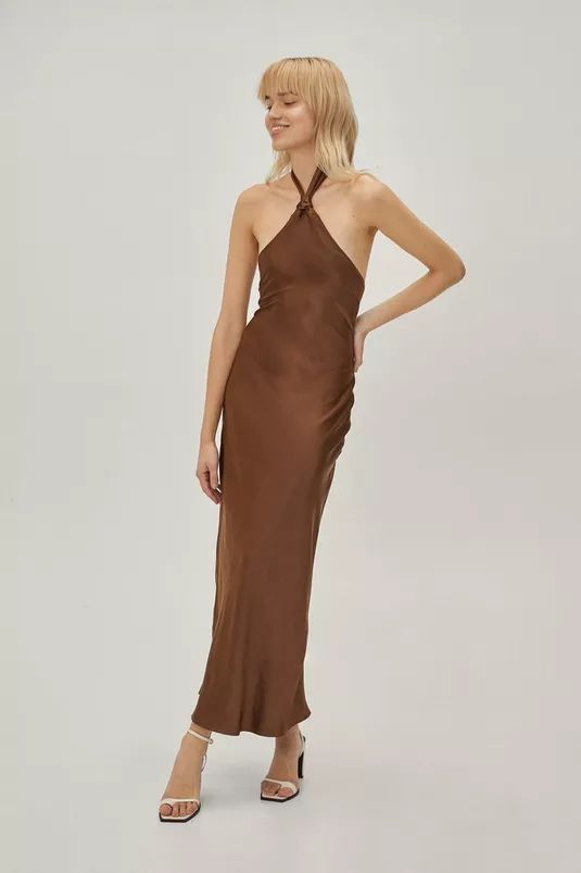 Sustainable Knot Halter Neck Satin Midi Dress | Nasty Gal (US)