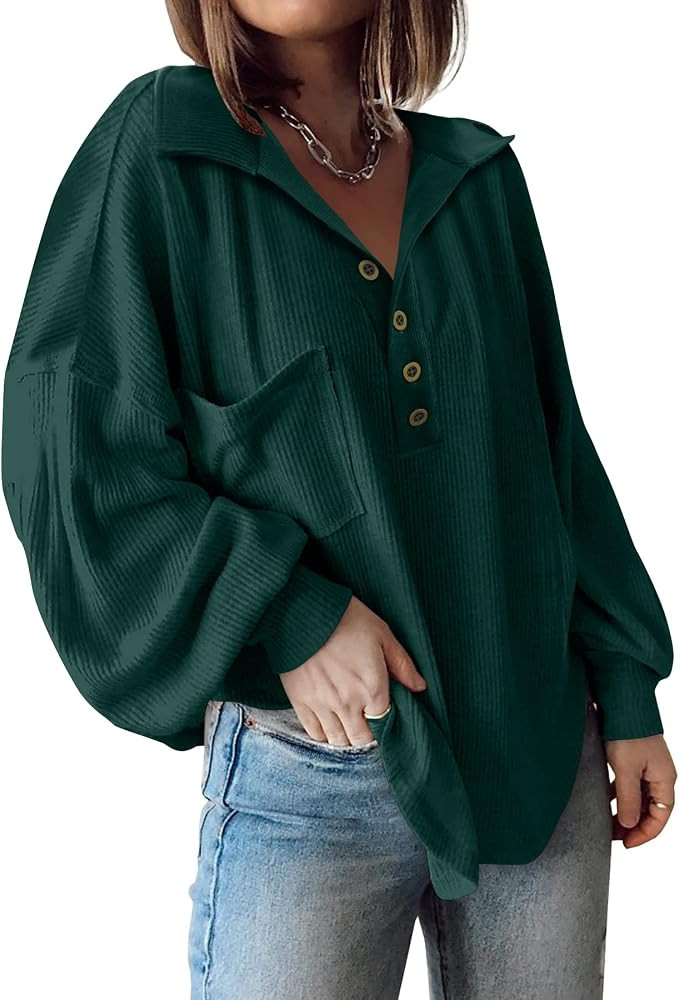 BTFBM Women's Casual V Neck Ribbed Knit Shirts 2024 Fall Pullover Tunic Tops Loose Balloon Long S... | Amazon (US)