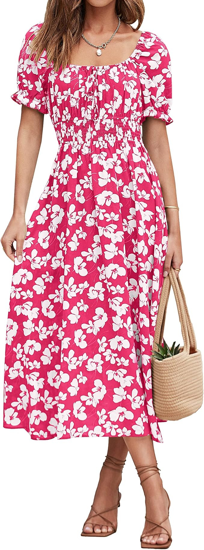 XIONGMEI Women Summer Casual Square Neck Short Sleeve Smocked Waist A-Line Midi Dresses Boho Flor... | Amazon (US)