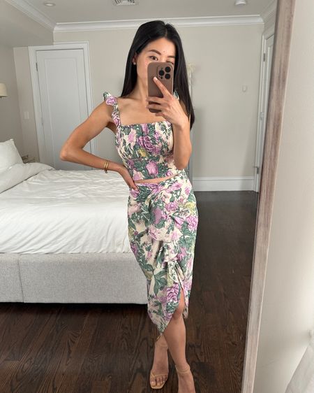 AF sale this weekend! Use code AFJEAN for a stackable 15% off. @abercrombie #Abercrombiepartner 

Trying on this matching set with a ruched crop top with stretchy straps and bodice, and midi skirt with ruffle. Skirt has a side zipper and elastic stretch back waistband for comfort! Wearing xxs + xxs petite in these pieces for a good fit. 

Pretty option for a spring or summer wedding guest look. 

#LTKSeasonal #LTKsalealert #LTKparties