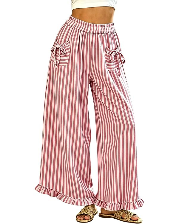 Himosyber Women's Striped Wide Leg Ruffle Hem Palazzo Pants | Amazon (US)