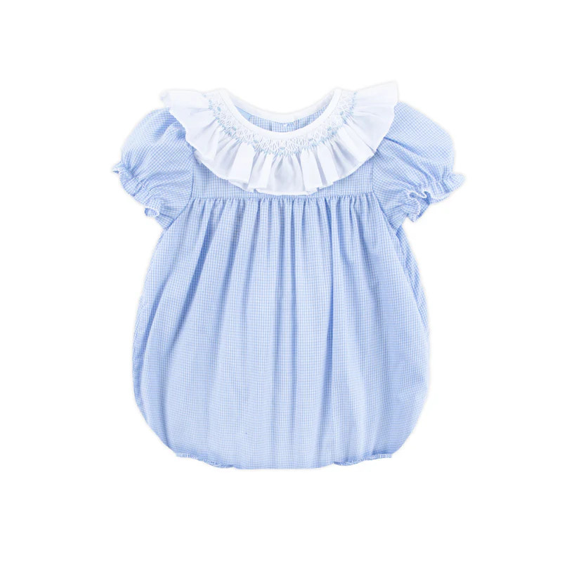 Blue Gingham Smocked Ruffle Collared Bubble | Classic Whimsy