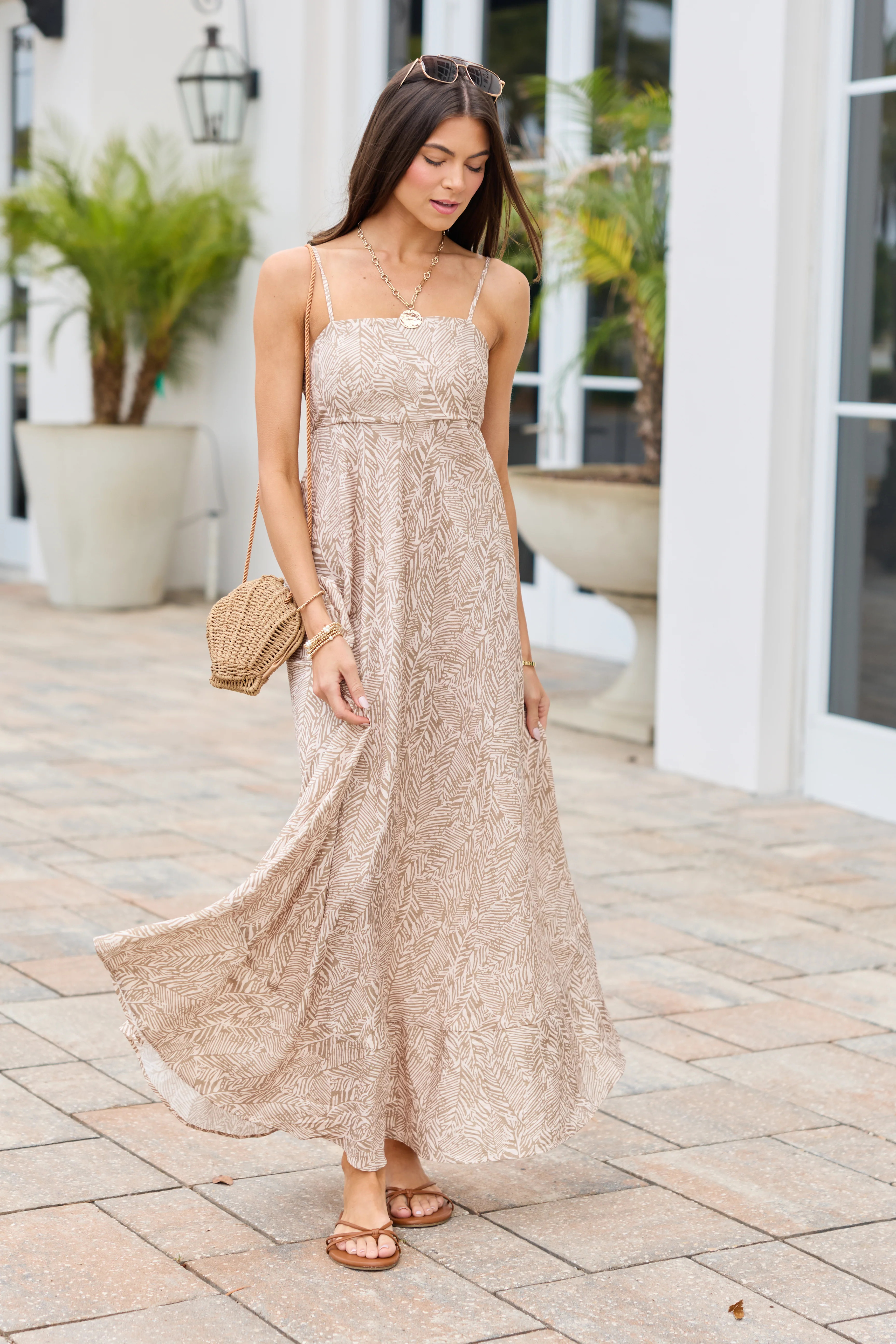Adele Natural Palm Print Maxi Dress | Pink Lily