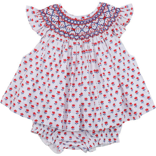 Red And Blue Flower Print Smocked Diaper Set | Cecil and Lou