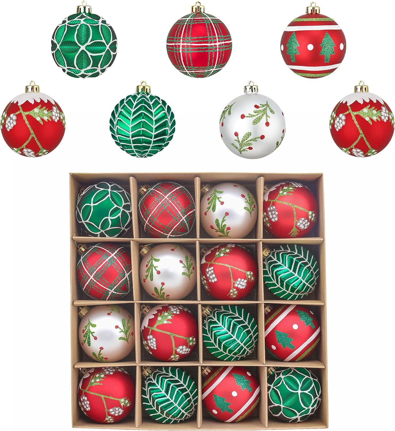 Valery Madelyn Christmas Ball Ornaments, 16ct Red Green White Shatterproof Christmas Tree Decorat... | Amazon (US)