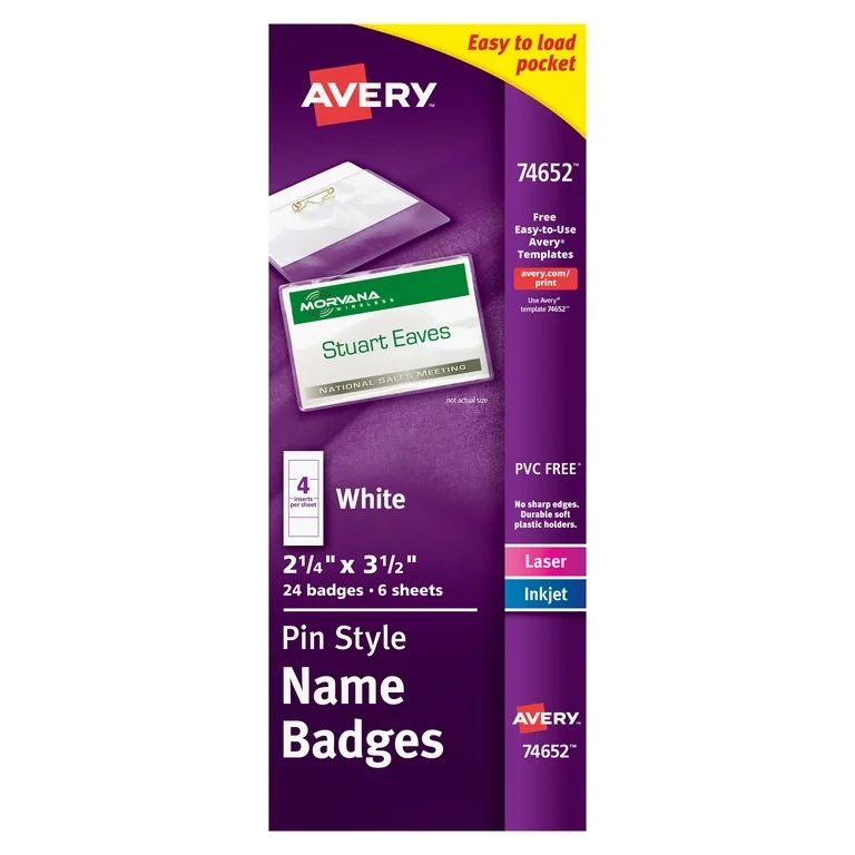 Avery Name Badges with Pins, 2.25" x 3.5", 24 Pin Badges (74652) | Walmart (US)