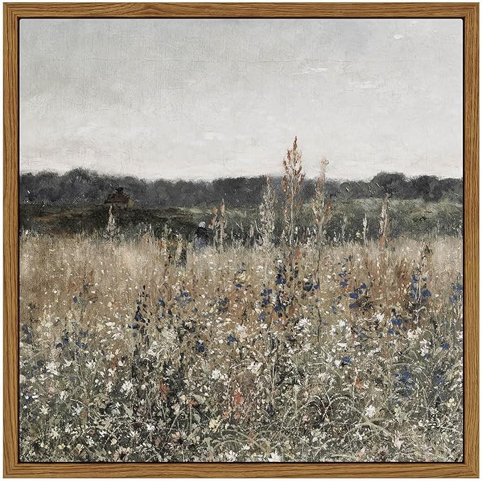 InSimSea Square Framed Canvas Wall Art, Home Decor Vintage Scenery Field Meadow Flowers Oil Paint... | Amazon (US)