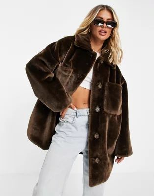 ASOS DESIGN plush faux fur shacket in brown | ASOS (Global)