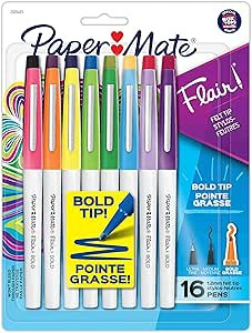 Paper Mate Flair Pens, Felt Tip Pens, Bold Tip (1.2 mm), Assorted Colors, 16 Count | Amazon (US)