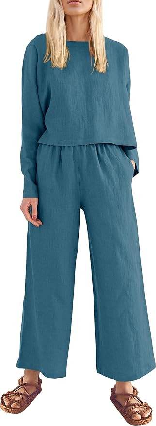 PRETTYGARDEN Women's 2024 Fall 2 Piece Outfit Tracksuits Casual Linen Long Sleeve Tops And Wide L... | Amazon (US)