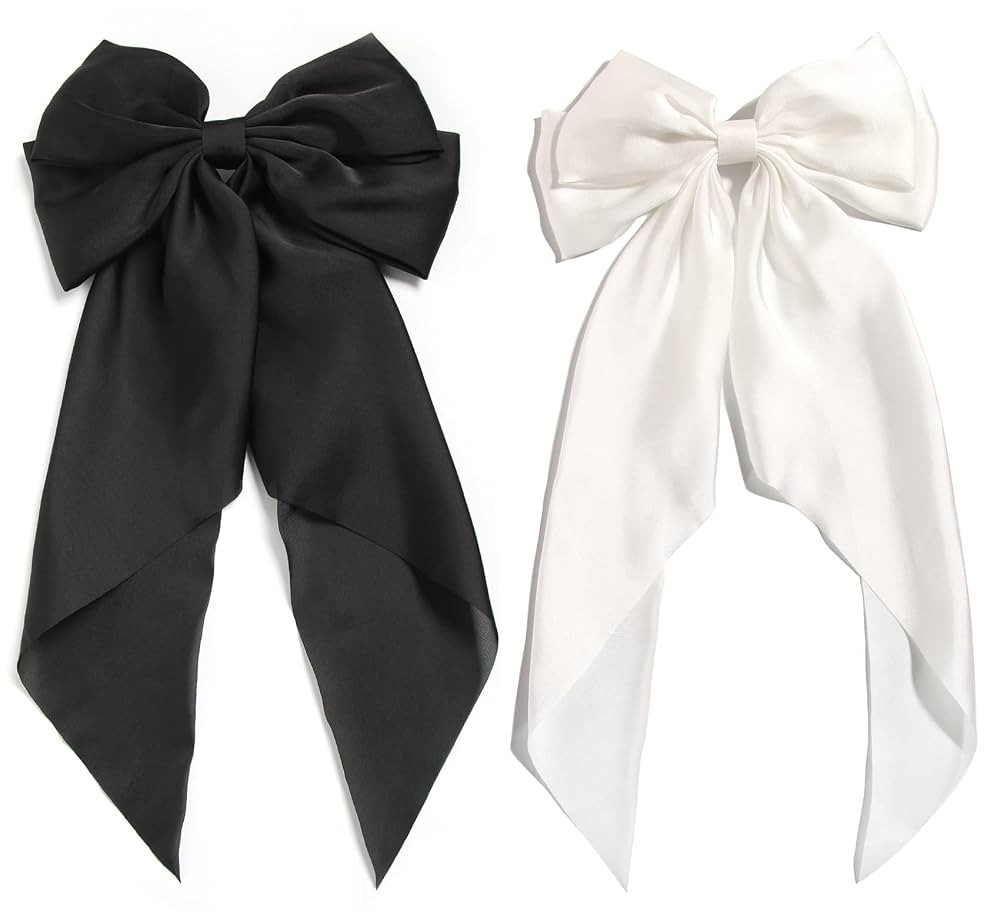 SUSULU Hair Bows for Women Oversized Black White Hair Bow Clips Big Hair Bow Long Tail Large Sati... | Amazon (US)