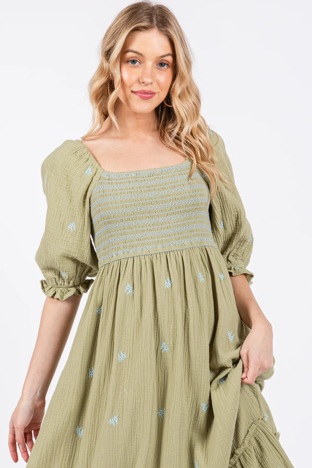 Pink Gauze Smocked Embroidered Square Neck Midi Dress | PinkBlush Maternity