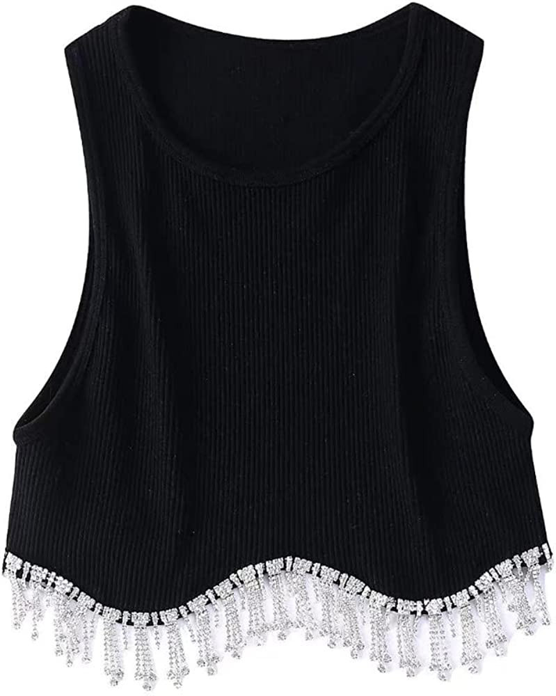 MISSACTIVER Women’s Rhinestone Tassel Crop Tank Top Sexy Sleeveless Round Neck Slim Fit Beading... | Amazon (US)