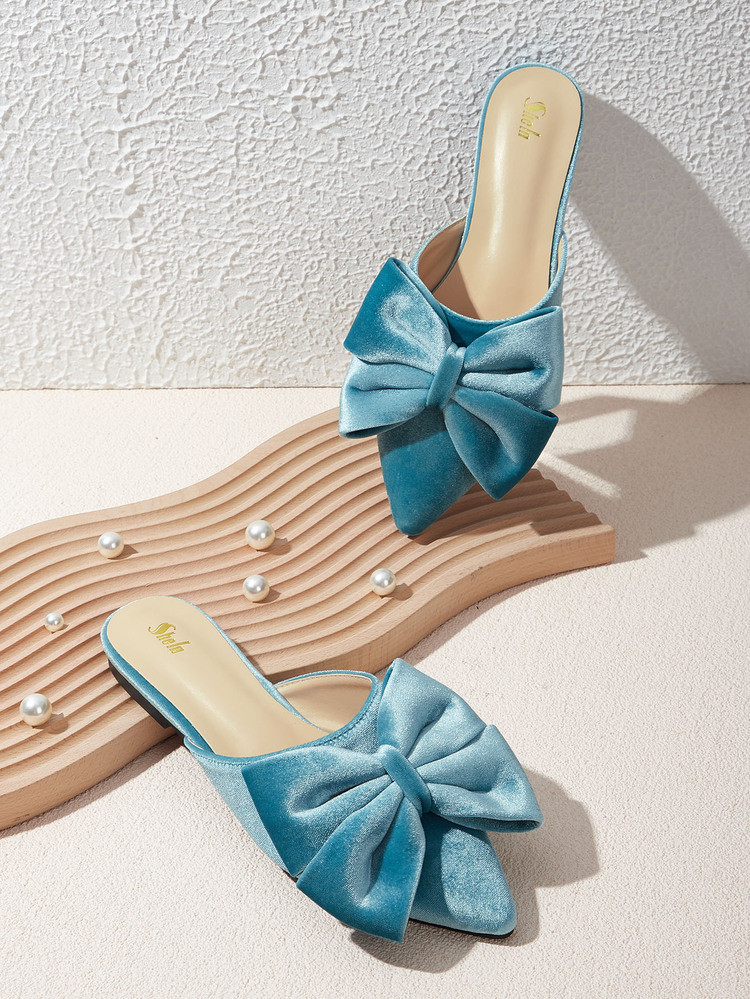 Bow Decor Velvet Flat Mules | SHEIN