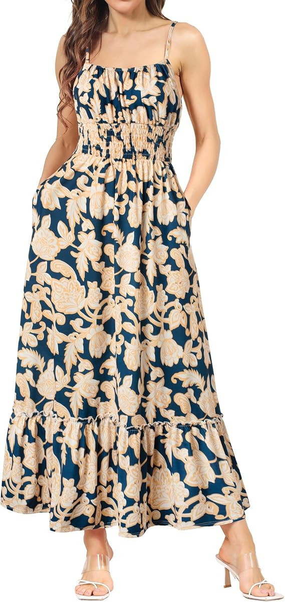 Summer Dresses for Women 2026 Vacation,Smocked Floral Maxi Dress,Boho Beach Sundress with Pocket ... | Amazon (US)